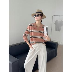 HR2025早秋新款 女宽松显瘦上衣超 拼色减龄款 韩系polo领条纹针织衫