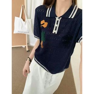 KJ重工立体卡通刺绣polo领撞色短袖 减龄洋气上衣 针织衫 女早秋新款