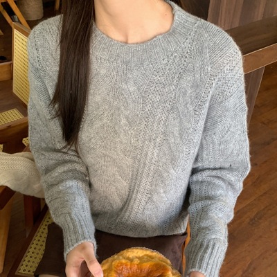 CC羊驼绒 针织衫女2025新款开衫韩系宽松显瘦缕空麻花圆领上衣潮
