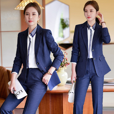 高端条纹职业套装女西装正装秋冬