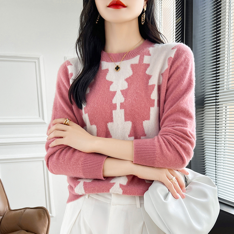 拼色圆领套头针织衫羊毛衫女秋冬2024年新款