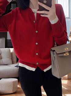 韩版假两件撞色洋气针织开衫早春款显瘦羊毛衫舒适百搭长袖毛衣女