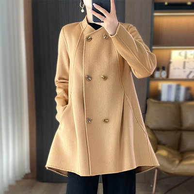 时尚斗篷型立领纯羊毛女毛呢外套小个子2025秋冬双面羊绒大衣驼色