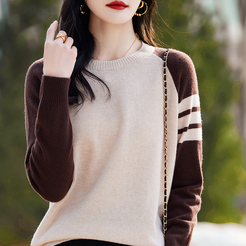 拼色圆领套头针织衫羊毛衫女秋冬2024年新款