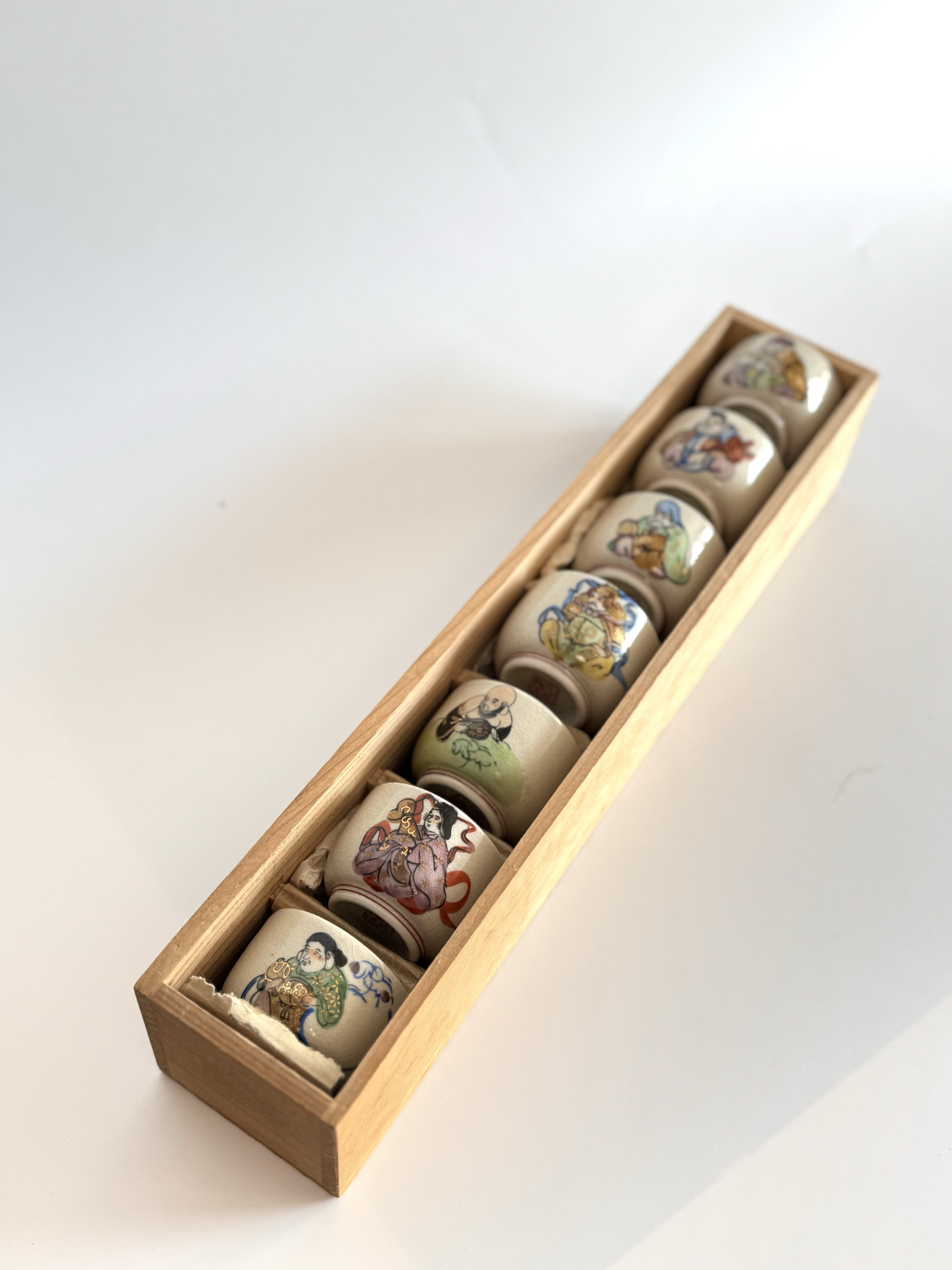 日本 九谷烧 七福神 手工 彩绘 描金 整套茶杯 茶具