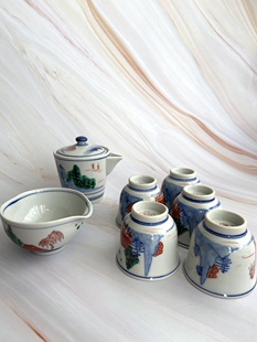 日产九谷宝岳赤绘青花全新宝瓶茶杯公道全外壁山水年代茶具套装组