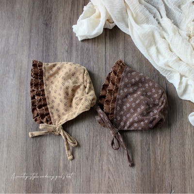 秋冬森系复古灯芯绒小花婴儿宫廷帽子洛丽塔曲牙花边女宝宝公主帽