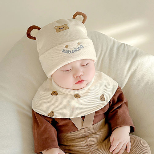 婴儿帽子秋冬季保暖男女宝宝毛线针织帽加厚帽子防风围巾两件套