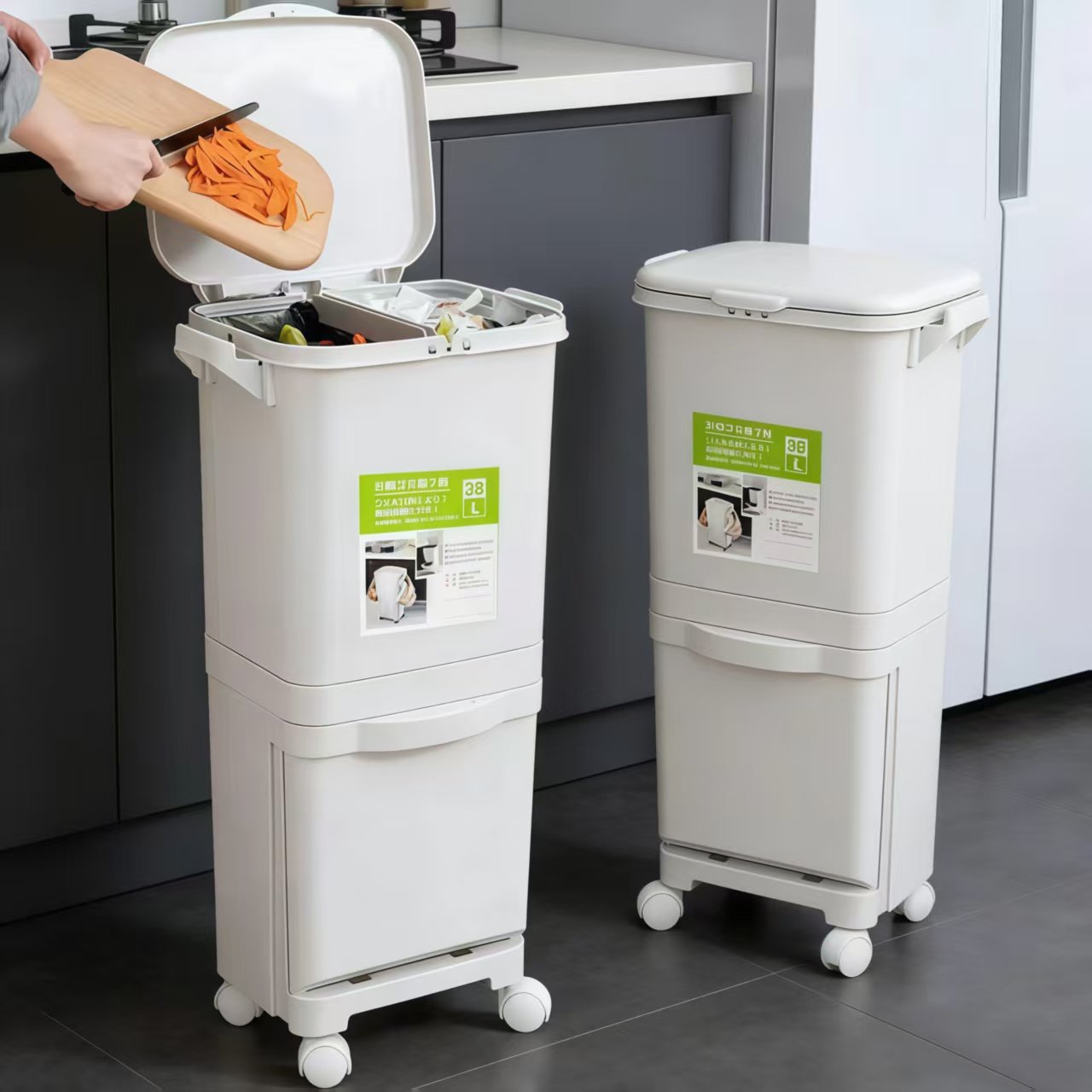 日本大号厨房垃圾桶家用厨余分类带盖大容量可移动免弯腰干湿分离