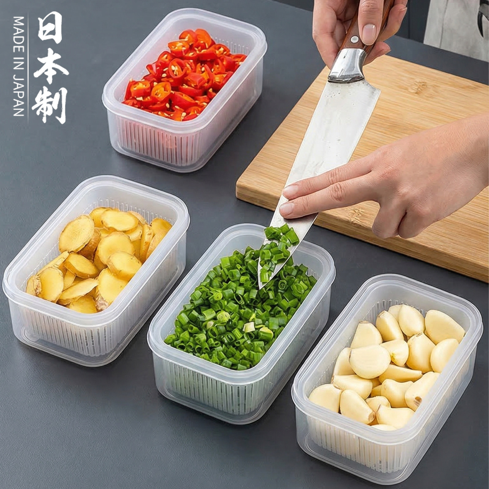 日本进口沥水葱姜蒜保鲜盒辣椒收纳厨房备菜冷冻冰箱香葱蒜末葱花