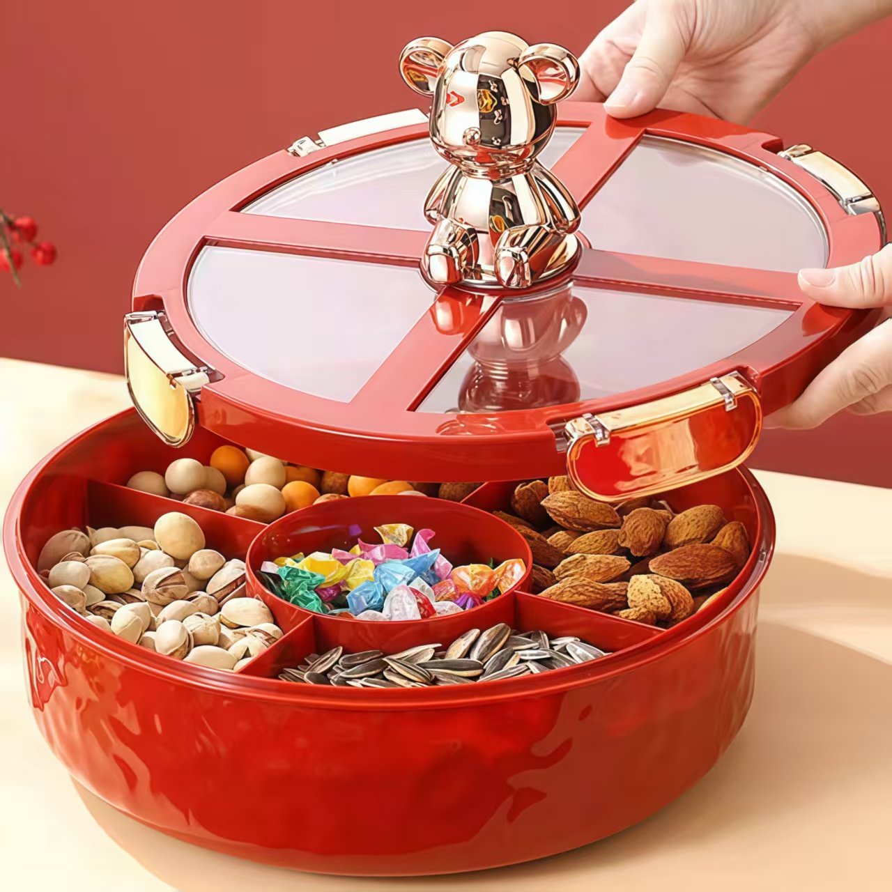 日本红色果盘家用客厅茶几新年旋转糖果盒结婚密封坚果瓜子收纳盒