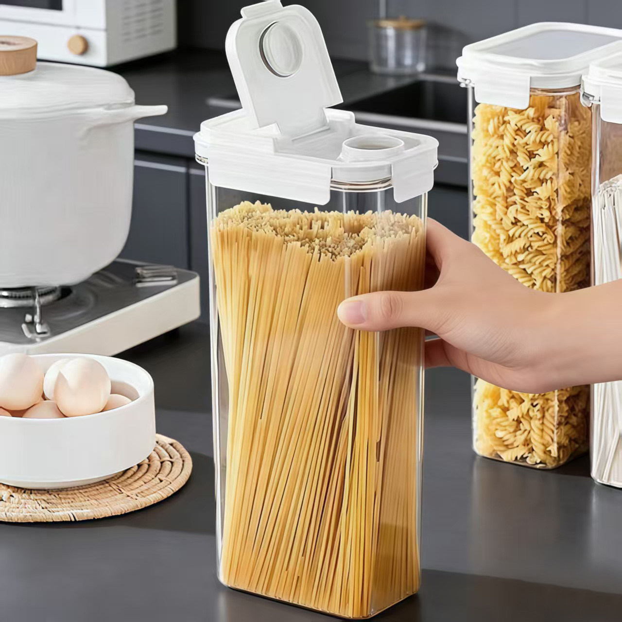 日本翻盖式面条收纳盒家用杂粮密封储物罐装挂面筒厨房意面储存桶
