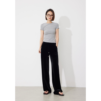 松紧腰垂感丝绒裤垂感丝绒直筒裤