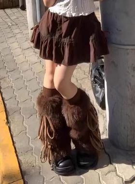 2026新款y2k蝴蝶结绑带毛毛袜套女秋冬中筒保暖显瘦腿套