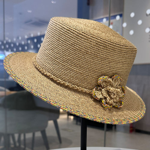 法式赫本风花朵拉菲草平顶遮阳帽