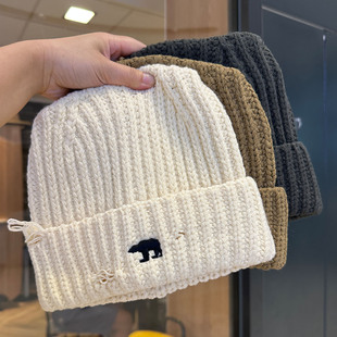 北极熊刺绣猫耳朵毛线针织帽子男女秋冬季时尚破洞百搭保暖套头帽