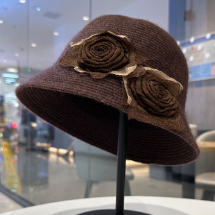 100%纯羊毛渔夫帽法式优雅山茶花高级礼帽中青年女士素颜百搭盆帽
