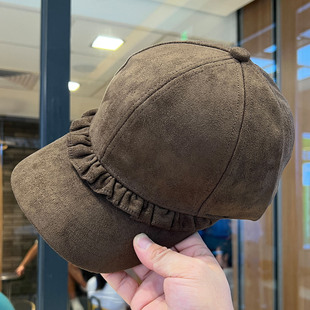 日系小众花边磨毛设计棒球帽女秋冬鹿茸皮硬顶有型显瘦百搭鸭舌帽