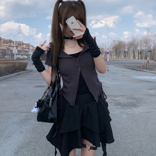 灰色黑色Y2K甜酷辣妹衫 西洋果子原创夏季 假两件衫 短袖 修身