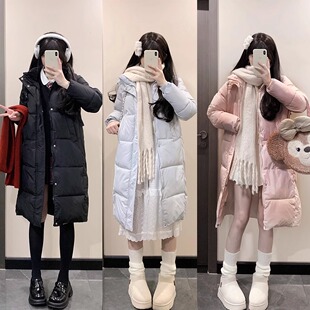 西洋果子棉服女冬季中长款连帽加厚保暖下雪天外套女百搭大衣黑色