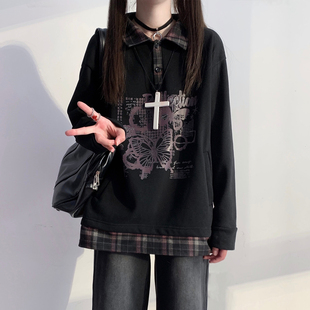西洋果子原创POLO领格子拼接套头卫衣Y2K个性 加绒女卫衣 长袖