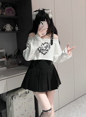 西洋果子原创 5号玫瑰甜酷短款长袖衫露肩白色宽领T辣妹甜酷