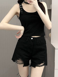 西洋果子牛仔短裤辣妹百搭显瘦宽松黑色女a字毛须百搭女破洞热裤