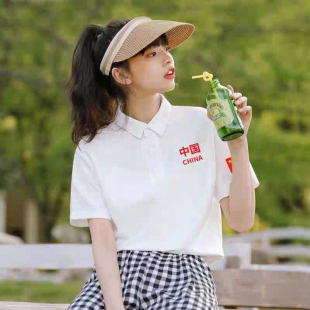 China中国风POIO衫短袖女新款潮牌翻领T恤港风宽松半袖印logo
