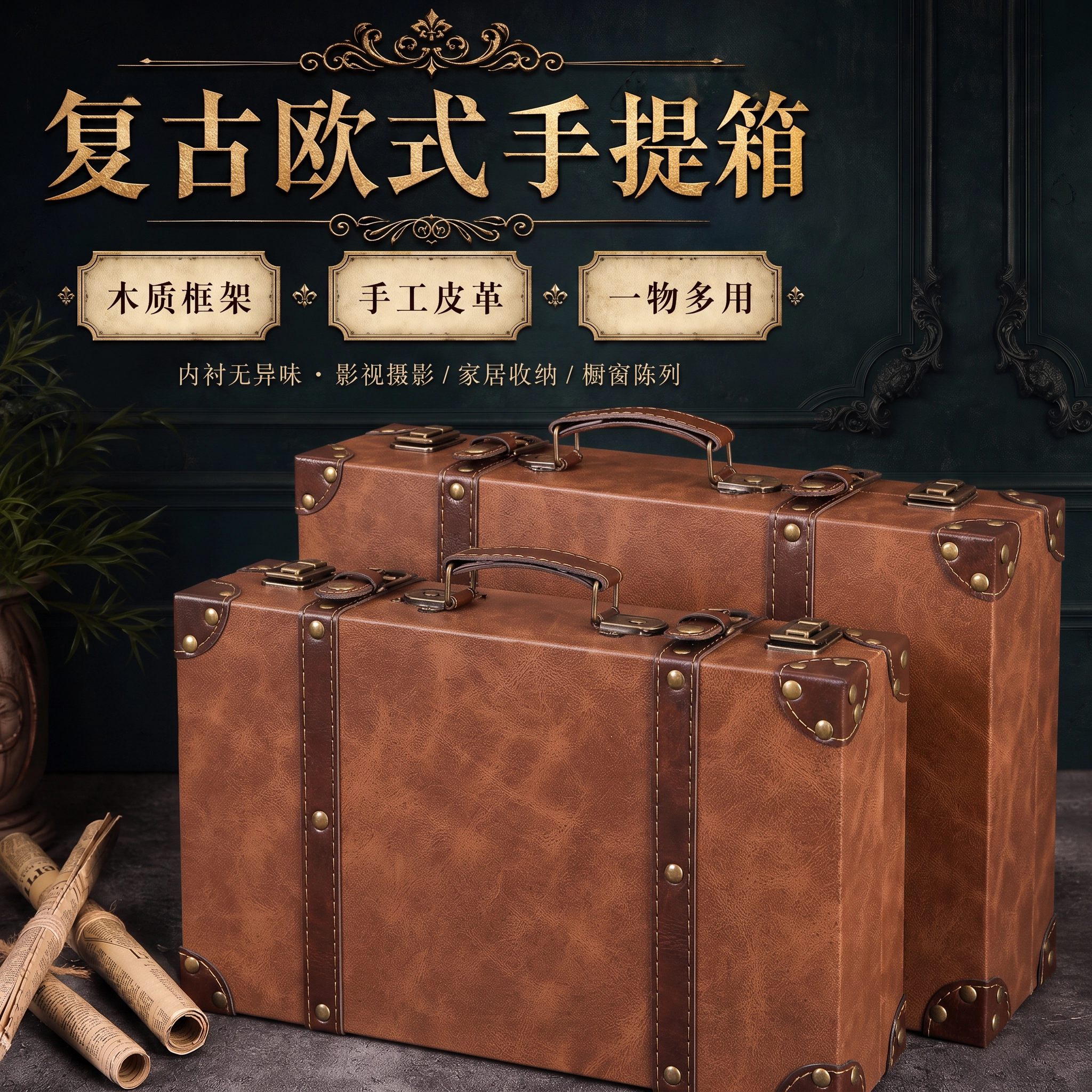复古英伦棕色皮质大容量手提箱图片