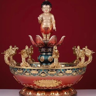 台湾九龙浴佛盆纯铜彩绘贴真金九龙吐水沐浴太子佛寺院佛堂摆件