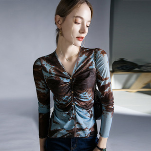 春秋新款印花网纱打底衫女纱衣修身内搭薄纱高级感花色上衣气质