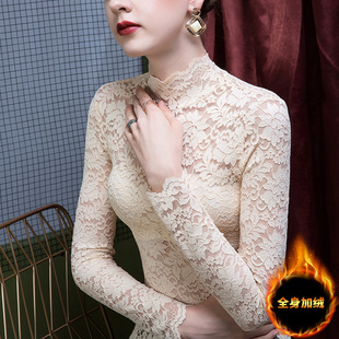 半高领镂空薄款加绒蕾丝打底衫女秋冬洋气内搭t恤雷丝上衣高级感