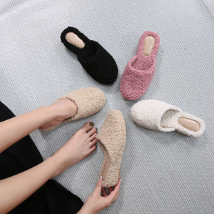 冬季新款毛毛拖平底防水台厚底真皮里保暖拖鞋外穿中跟坡跟女鞋