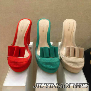 夏季新款拖鞋女时尚透明凉拖鞋蝴蝶结古早坡跟鱼嘴凉鞋松糕底女鞋