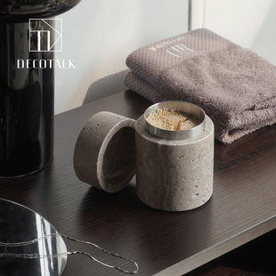 DecoTalk侘寂风天然洞石牙签筒客餐厅多用途牙线收纳盒浴室棉签罐