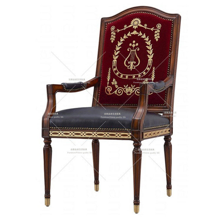 美式实木餐椅布艺皮革英式复古扶手椅雕花书椅描金轻奢风格描金