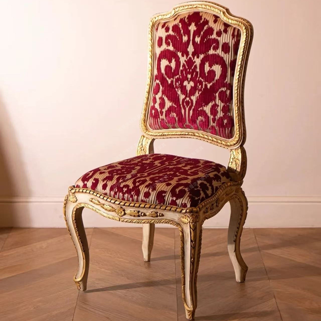 复古欧式餐椅实木雕花做旧描金法式无扶手椅软包椅书椅餐厅接待椅