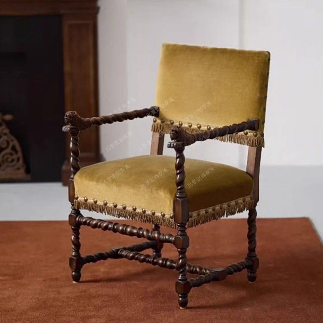 法式复古椅子实木雕花餐椅麻花扶手创意书椅梳妆椅丝绒布艺餐厅椅