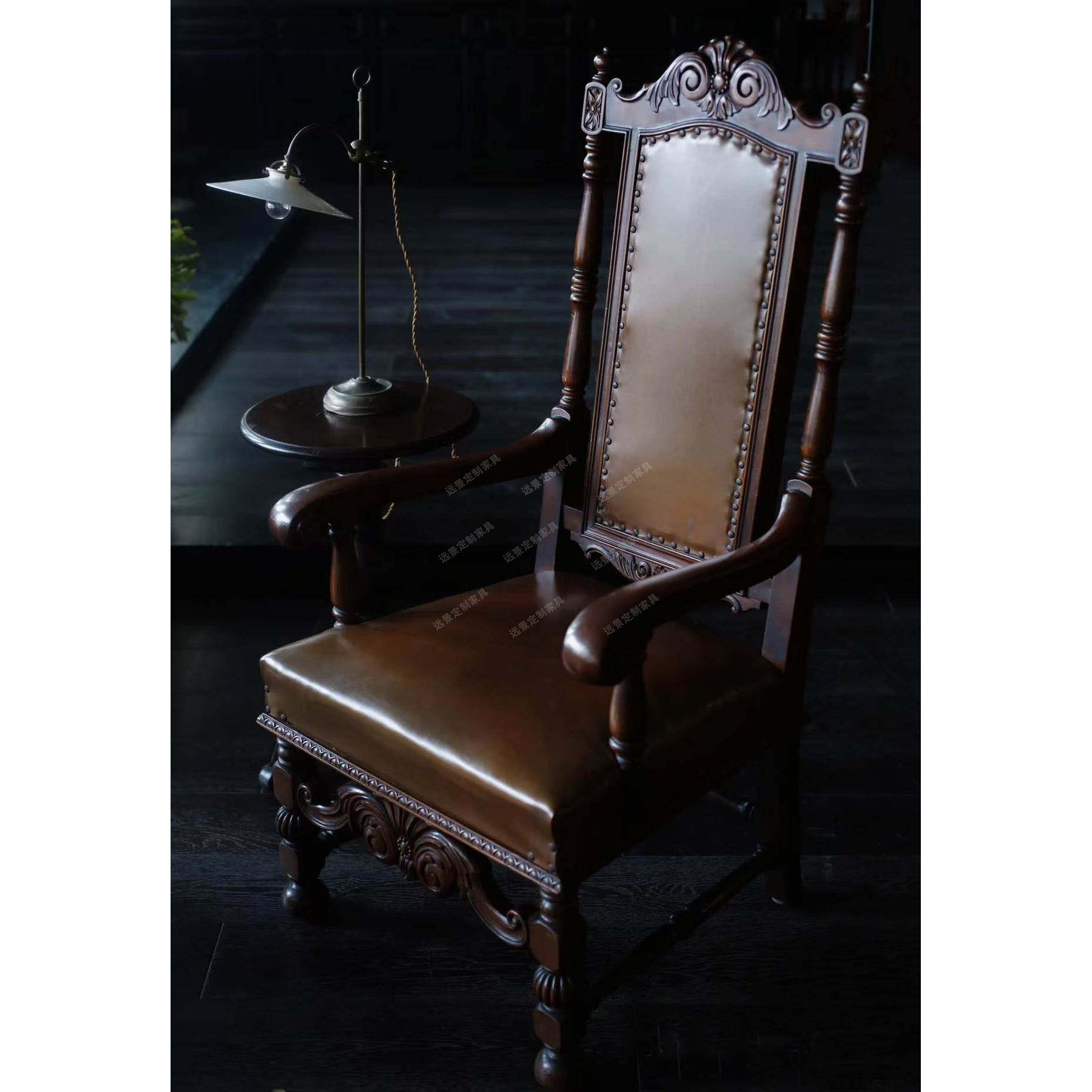 实木复古做旧椅子海派家具法式中古风餐椅扶手椅子主人椅