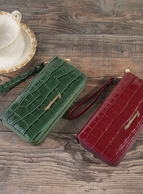 双拉钱包2025新款女士鳄鱼纹复古时尚百搭大容量双层多卡位手拿包