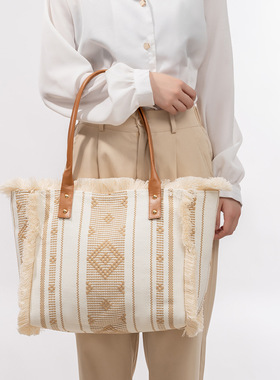 OLEI帆布包包大容量女流苏托特包海边度假手提包沙滩帆布包女