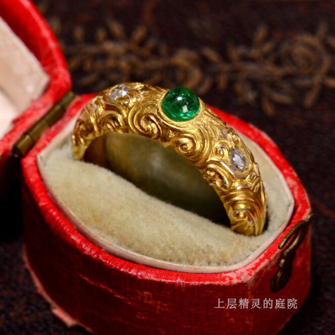 SOLD 上层精灵的庭院∮欧美天然祖母绿钻石复古重金雕花14K金戒指