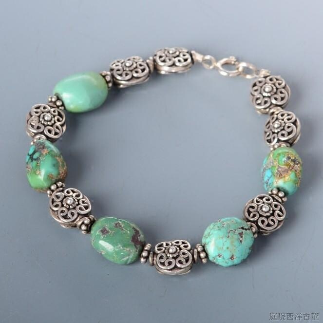 SOLD 西洋古董首饰 纳瓦霍Navajo双面银珠天然绿松石原矿古董手链