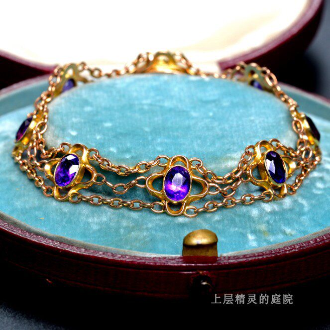 SOLD 西洋古董珠宝 victorian15K纯金老紫晶星芒古董手链 证书