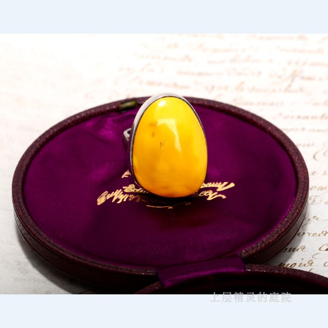 DENMARK HANDMADE天然蛋黄蜜蜡老手工银戒指西洋古董VTG珠宝孤品