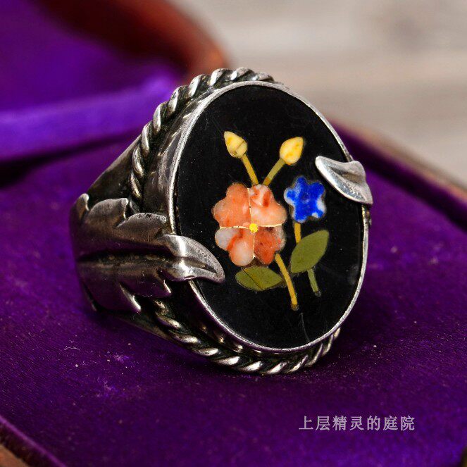 庭院西洋古董首饰 欧美重磅纯银叶柄天然玛瑙平镶花朵Art古董戒指