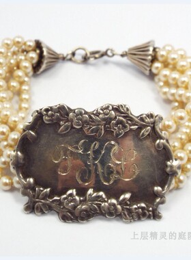 SOLD上层精灵的庭院∮古董维多利亚时代纯银花体铭牌多股珍珠手链