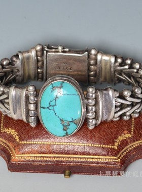 上层精灵的庭院 西洋古董VTG首饰US欧美老银绿松石精工表带手镯