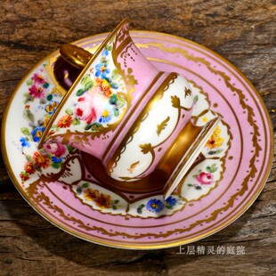 法国古董VTG咖啡杯茶碟Old 庭院 Paris粉釉描金花卉 上层精灵