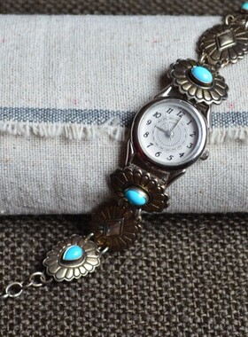 庭院天然绿松石925银腕表首饰